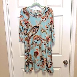 R. Rouge Blue Paisley Dress w/Scoop Criss-cross Neckline 3/4 Length Sleeve Sz L